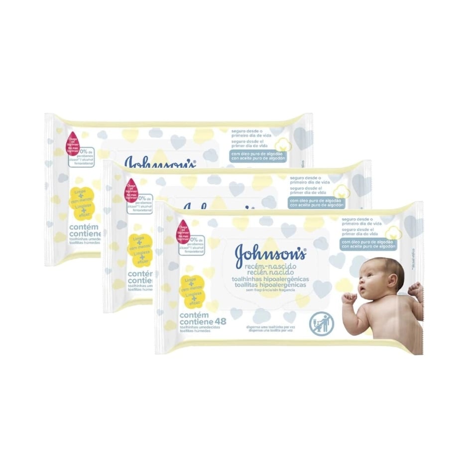 Kit 3 Unidades Lenços Umedecidos Johnson's Baby Recém Nascido 48 Unidades